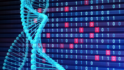 Visual representation of next generation sequencing services used in oncology clinical trials, featuring DNA strands and digital data elements.