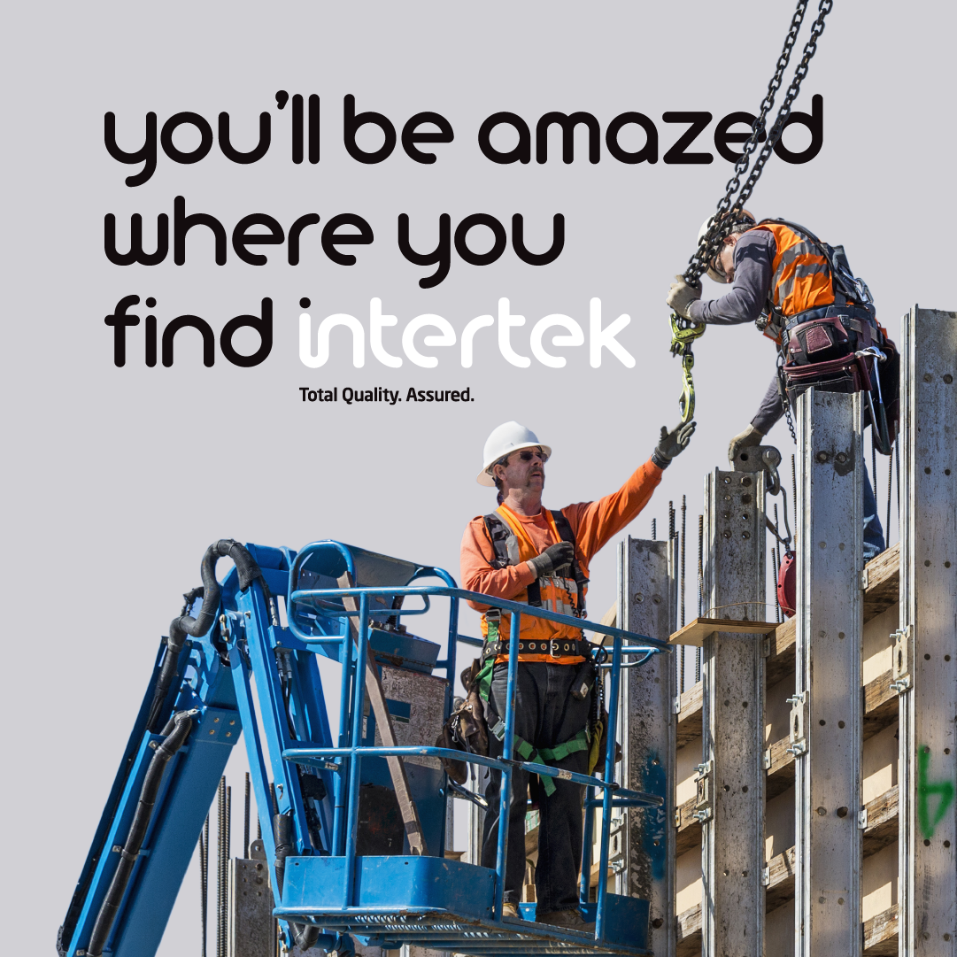 Intertek's logo displayed in various unexpected locations, showcasing its global presence and diverse services.